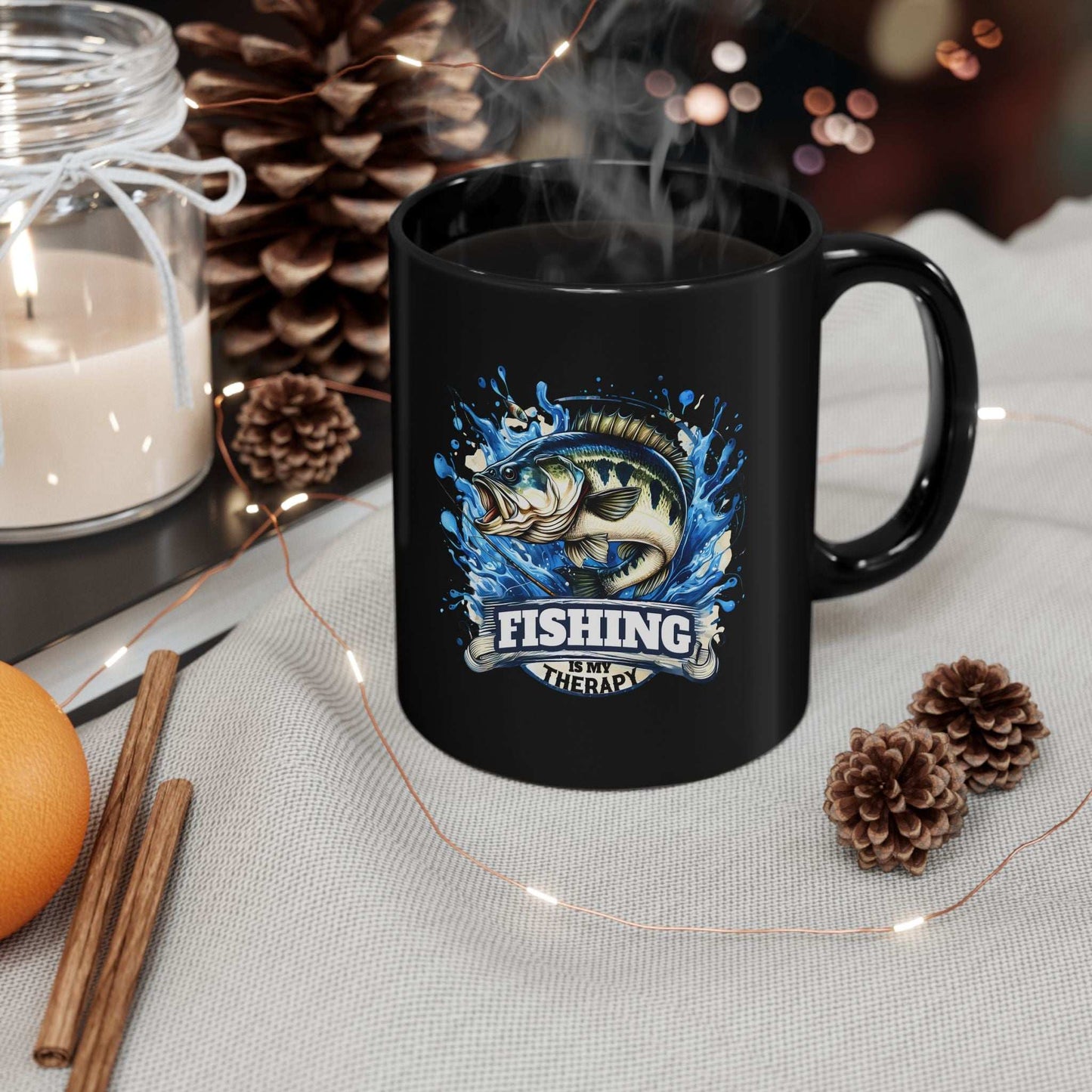 Fishing Therapy Mug - Black 11oz & 15oz Coffee Cup for Anglers