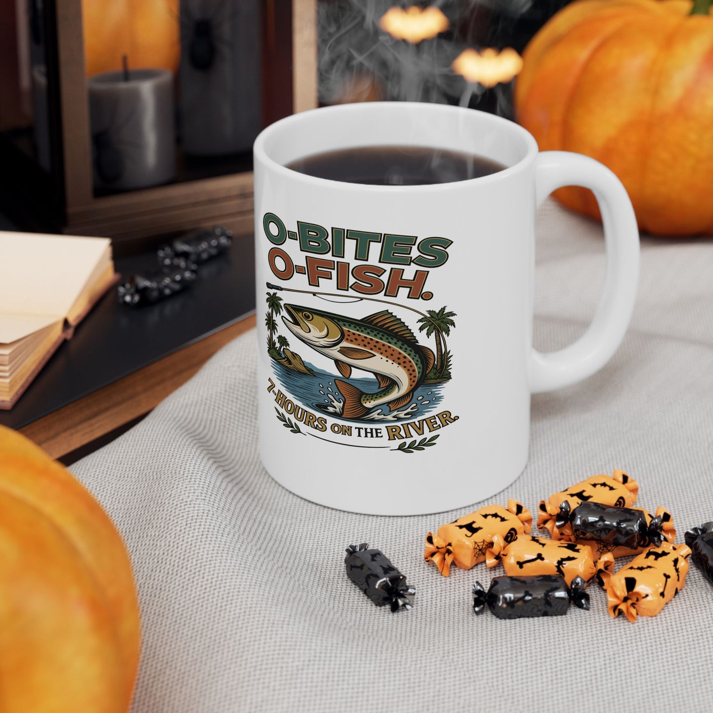 OO7 O-Fish, O-Bites, 7-Hours on the River, Fishing Themed Ceramic Mug - Perfect Gift for Anglers & Nature Lovers