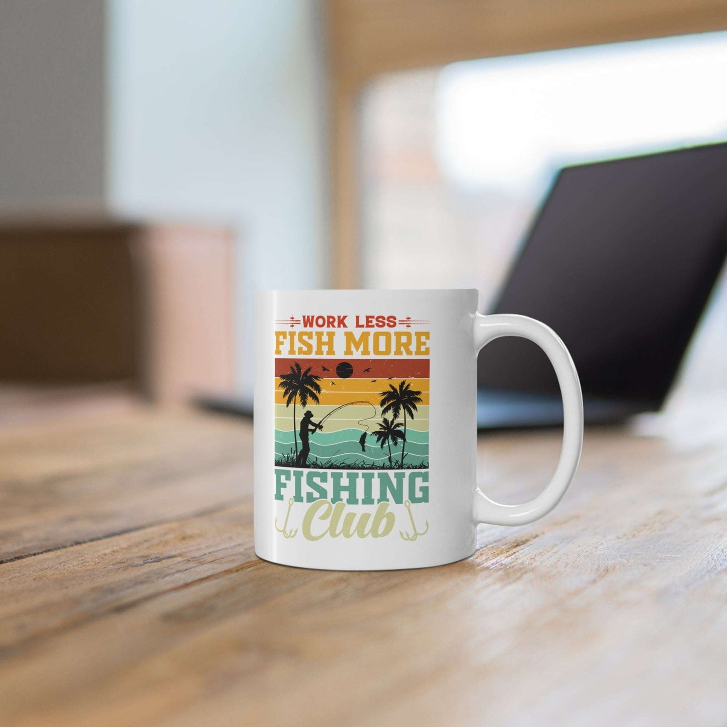 Fishing Club Mug - Work Less, Fish More Ceramic Coffee Cup for Anglers