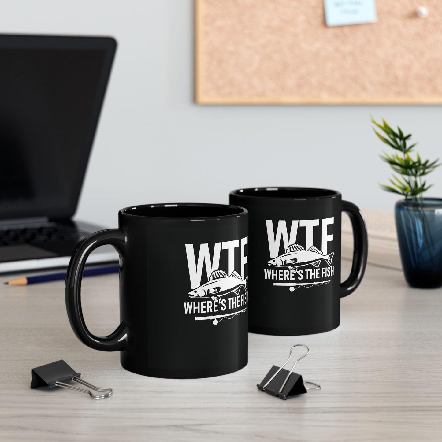 Mug - WTF Where's the Fish - Funny Fishing Gift - 11oz/15oz Black Mug