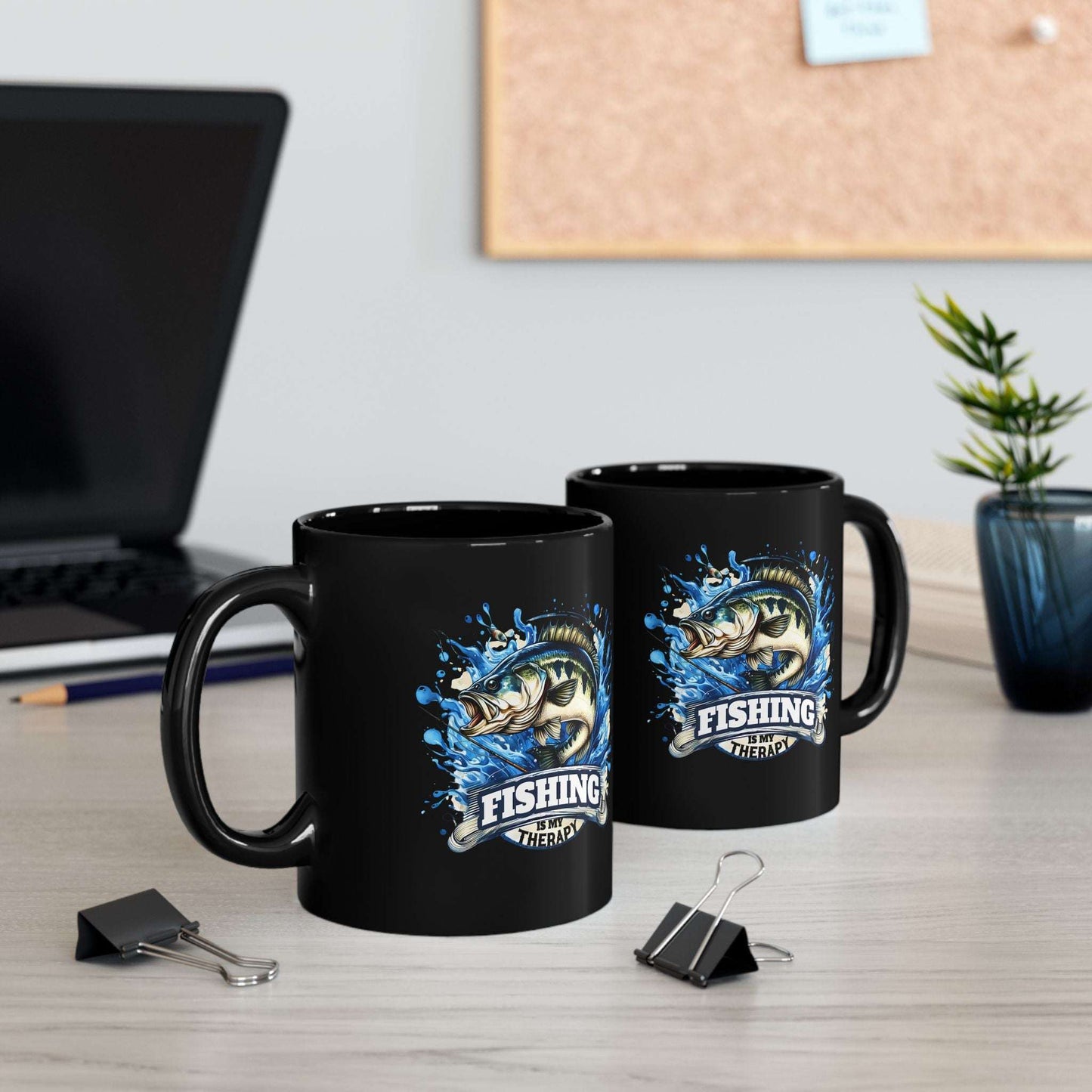 Fishing Therapy Mug - Black 11oz & 15oz Coffee Cup for Anglers