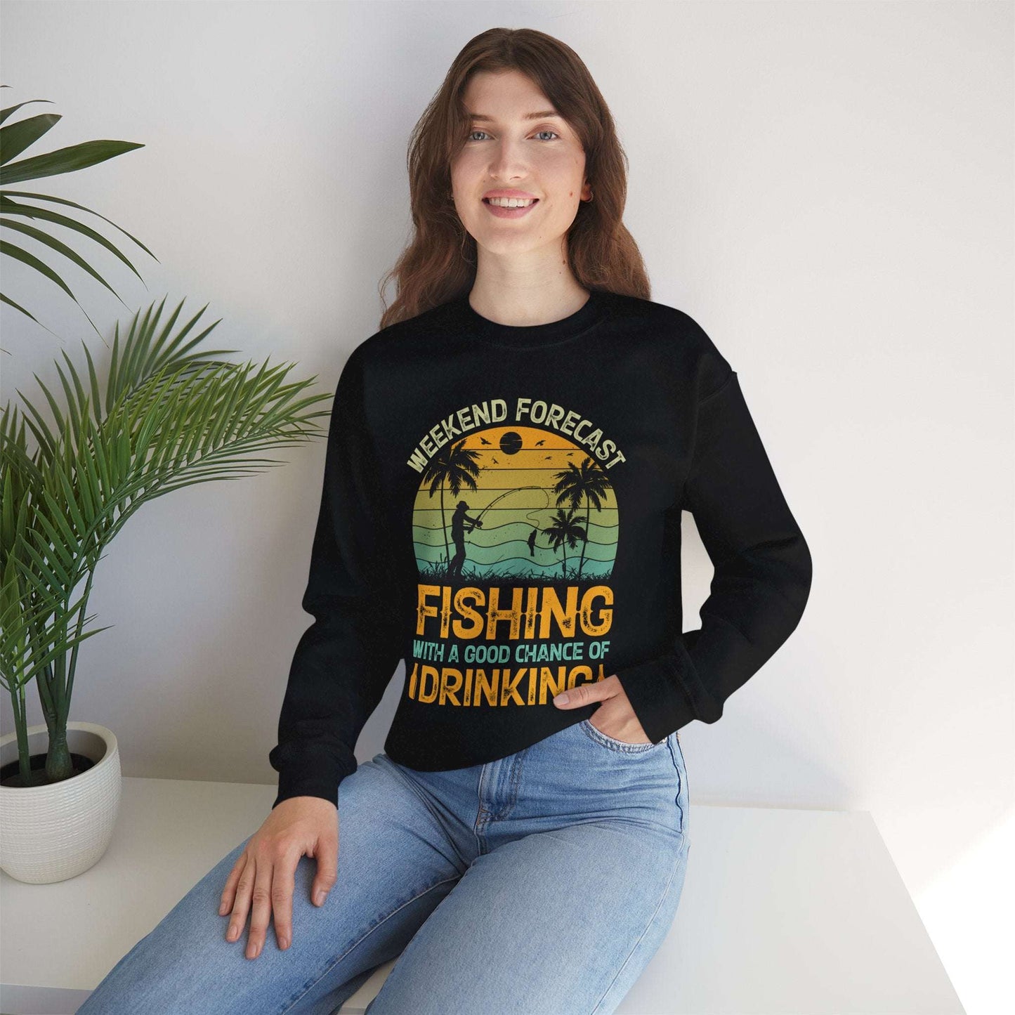 Weekend Forecast Fishing Crewneck Sweatshirt - Perfect Gift for Fishermen and Drink Lovers
