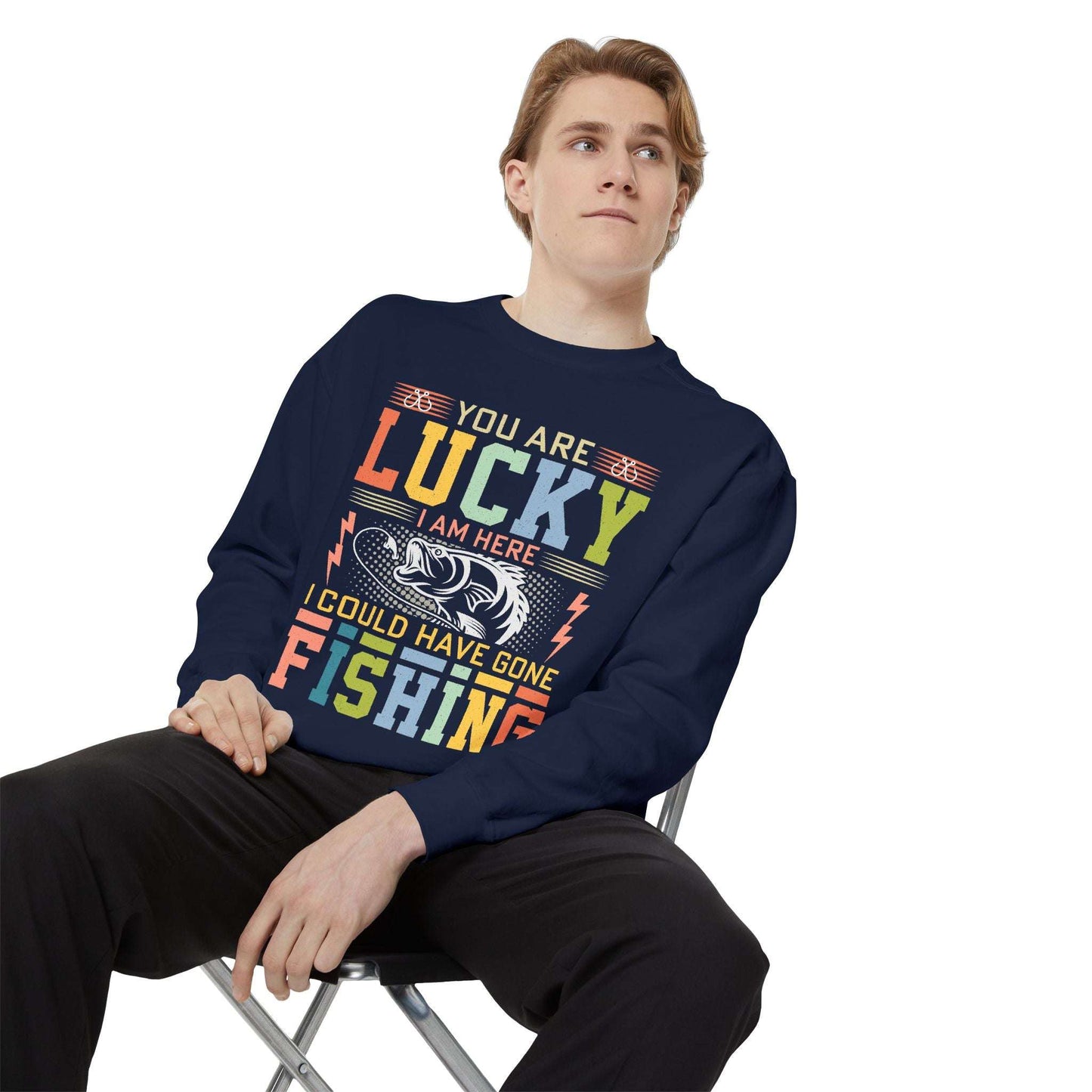 Lucky Fishing Unisex Garment-Dyed Sweatshirt - Perfect Gift for Fishing Enthusiasts