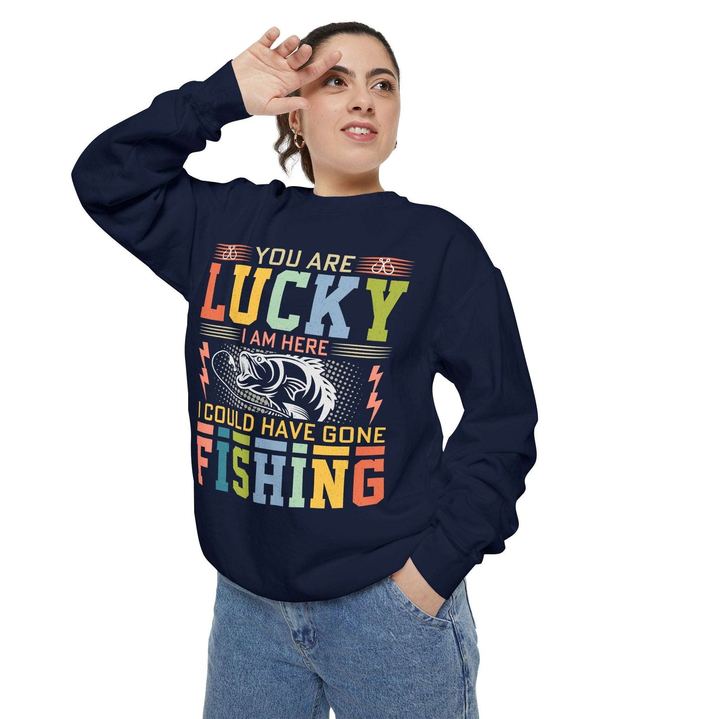 Lucky Fishing Unisex Garment-Dyed Sweatshirt - Perfect Gift for Fishing Enthusiasts