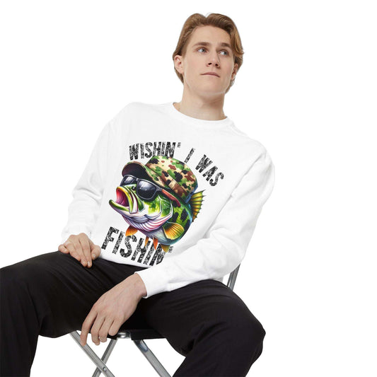 Wishin' I Was Fishin' Sweatshirt - Unisex Garment-Dyed Casual Wear
