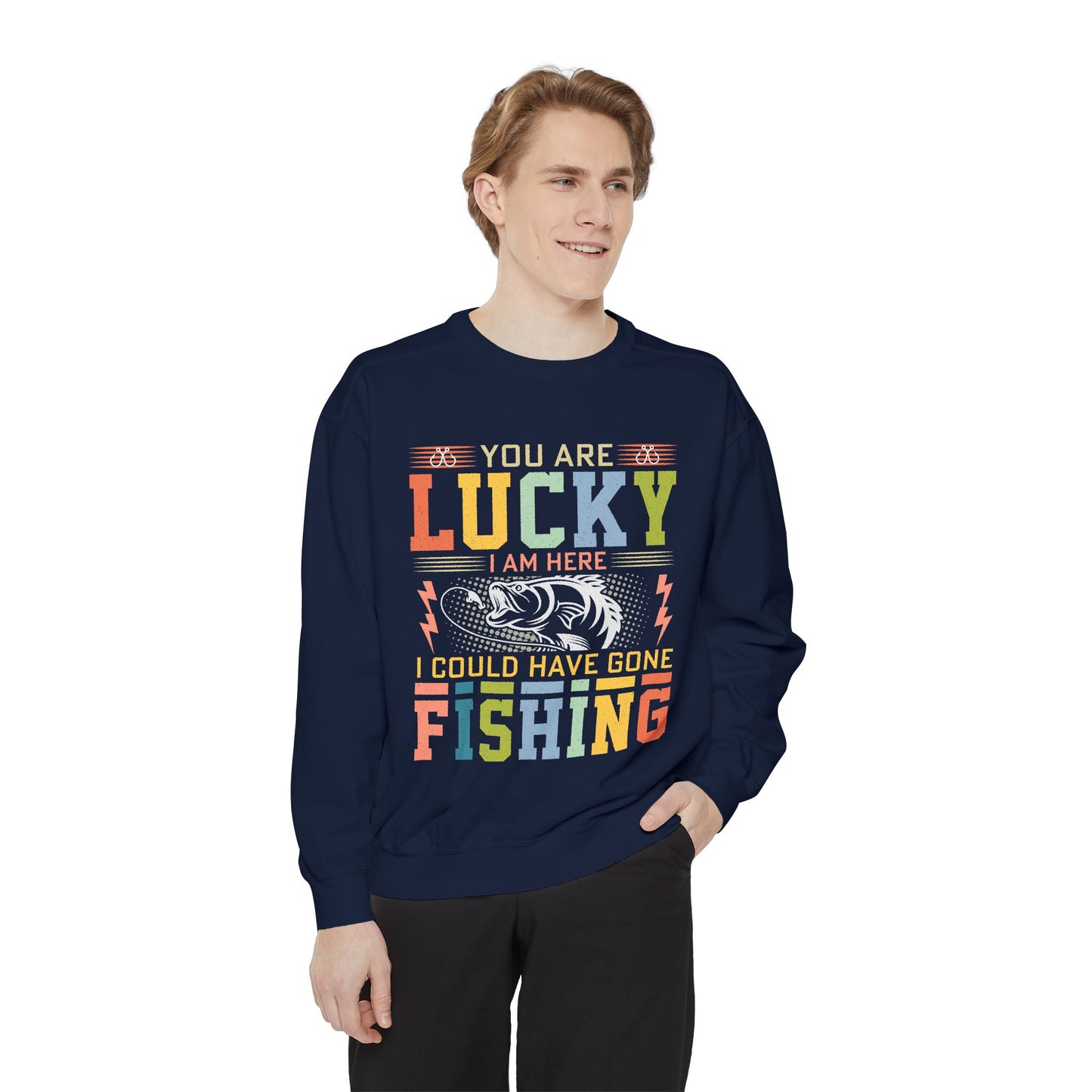 Lucky Fishing Unisex Garment-Dyed Sweatshirt - Perfect Gift for Fishing Enthusiasts