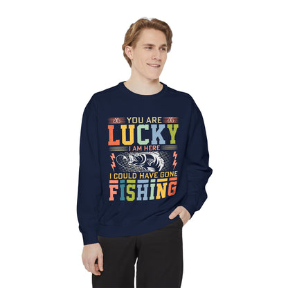 Lucky Fishing Unisex Garment-Dyed Sweatshirt - Perfect Gift for Fishing Enthusiasts