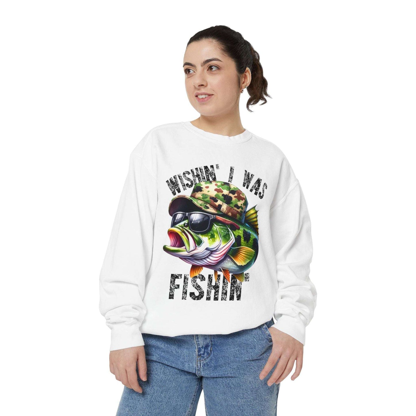 Wishin' I Was Fishin' Sweatshirt - Unisex Garment-Dyed Casual Wear