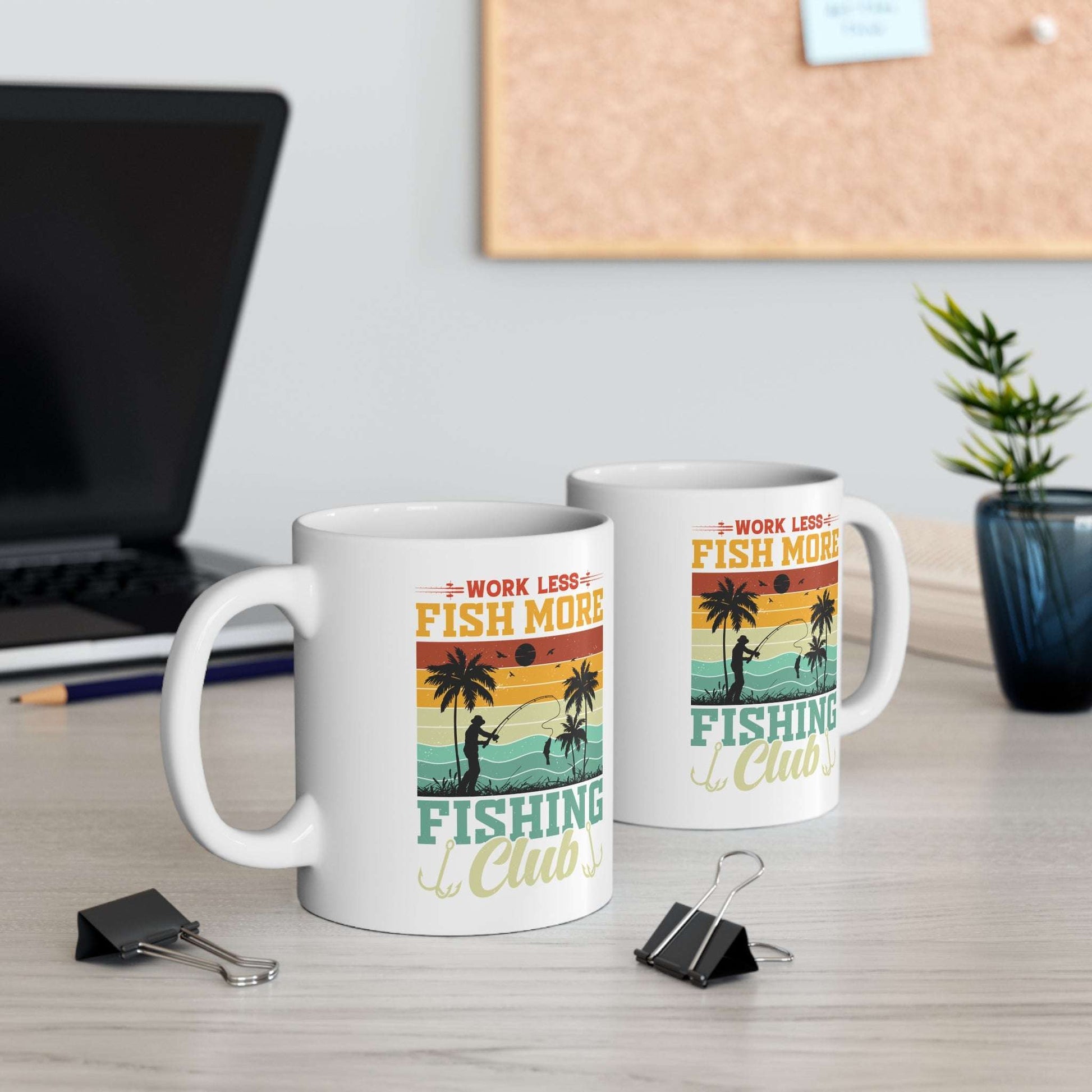 Fishing Club Mug - Work Less, Fish More Ceramic Coffee Cup for Anglers