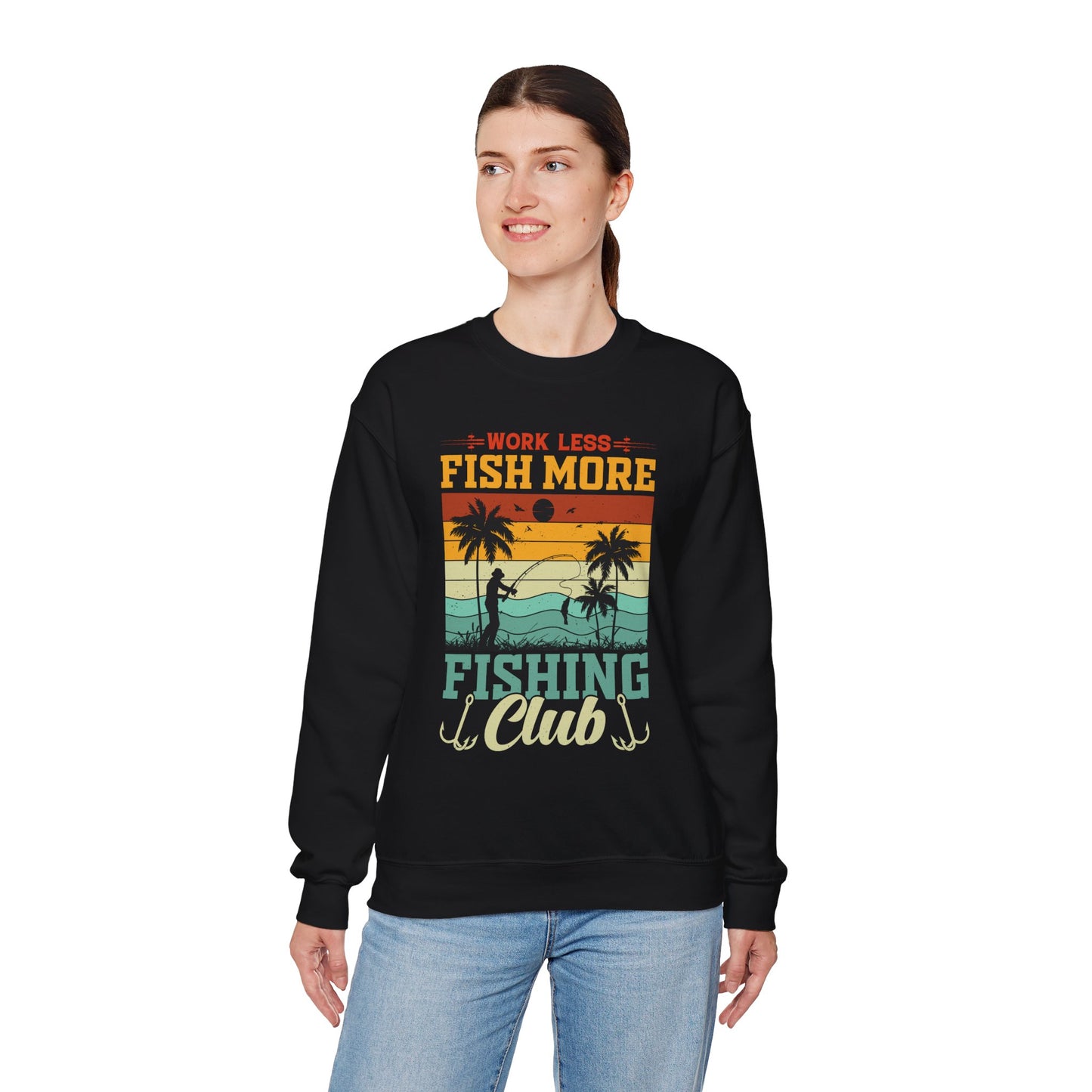 Fishing Club Crewneck Sweatshirt - Work Less Fish More Design