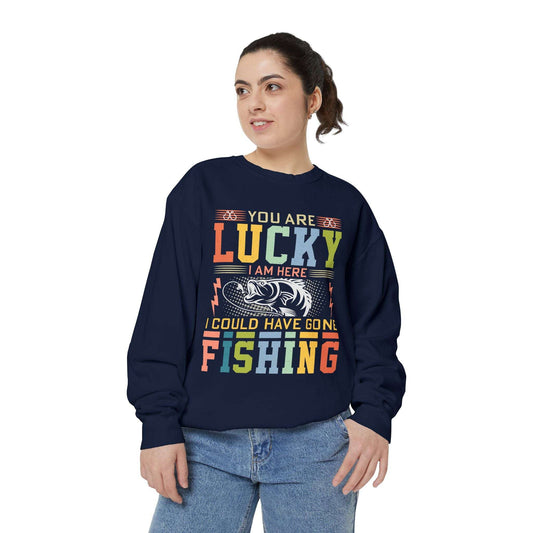Lucky Fishing Unisex Garment-Dyed Sweatshirt - Perfect Gift for Fishing Enthusiasts